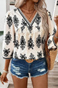Beige Vintage Bluse mit 3/4-Ärmeln und V-Ausschnitt und geometrischem Muster