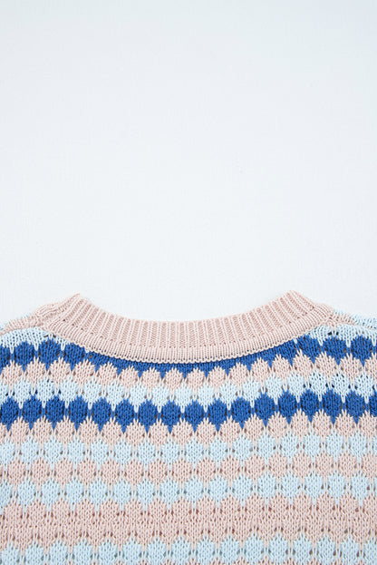 Khaki Stripe Eyelet Patterned Drop Shoulder Sweater