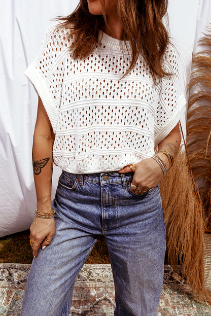 White Hollow Out Knit Round Neck Dolman Sweater