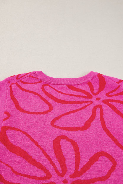 Ärmelloses Stricktop mit Blumenmuster und Knopfleiste in leuchtendem Pink