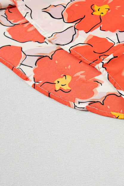 Orangefarbene Bluse mit Blumenmuster, Puffärmeln und Rüschenkragen