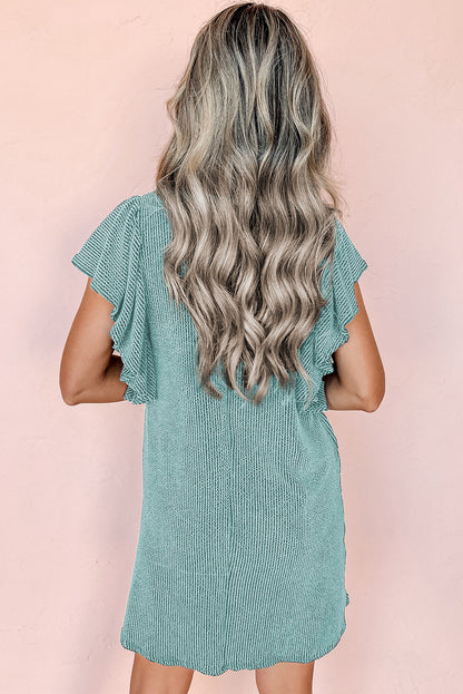 Aruba – Blaues, strukturiertes Minikleid mit Rüschen und Flatterärmeln