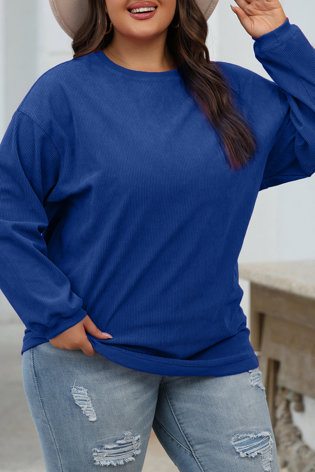 Dunkelblaues Oversize-Sweatshirt aus geripptem Cord