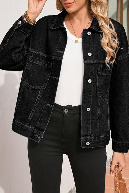 Schwarze, verwaschene Oversize-Jeansjacke mit Taschen