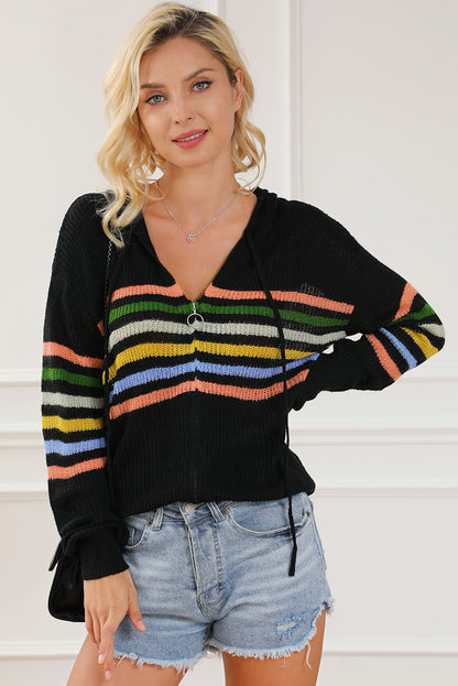 Schwarzer Strickjacke mit Streifendetail und Kapuze
