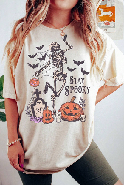 Halloween-T-Shirt mit Totenkopf-Kürbis-Gesicht, Motiv: STAY SPOOKY, Grafik