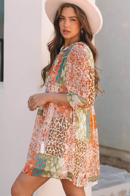Oranges Boho Paisley Mix Print 3/4 Ärmel Chiffon Lockeres Kleid