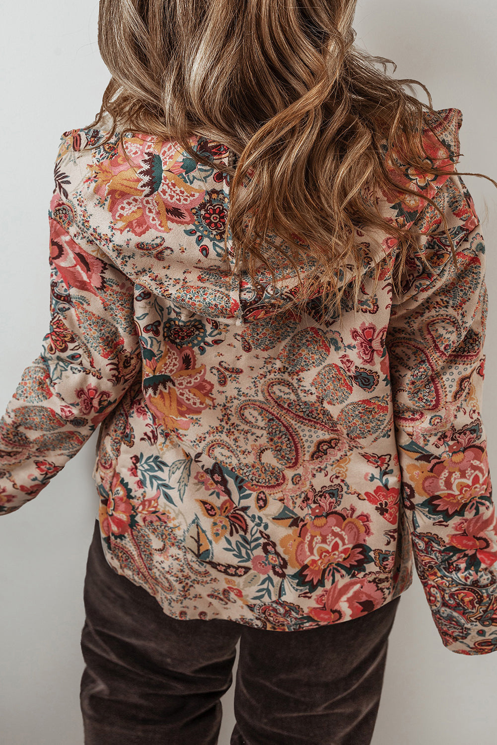 Beige Vintage Paisley Blumendruck Sherpa-gefütterte Kapuzenjacke
