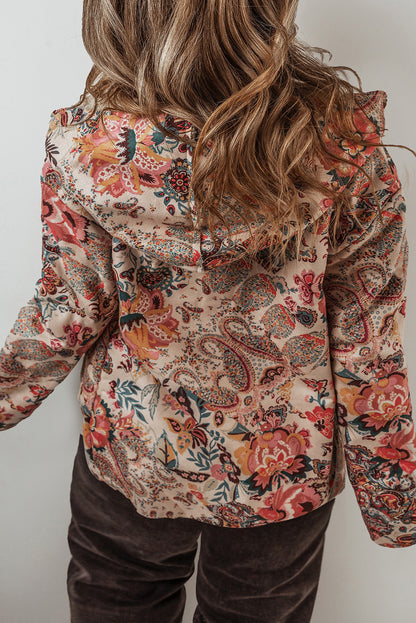 Beige Vintage Paisley Blumendruck Sherpa-gefütterte Kapuzenjacke