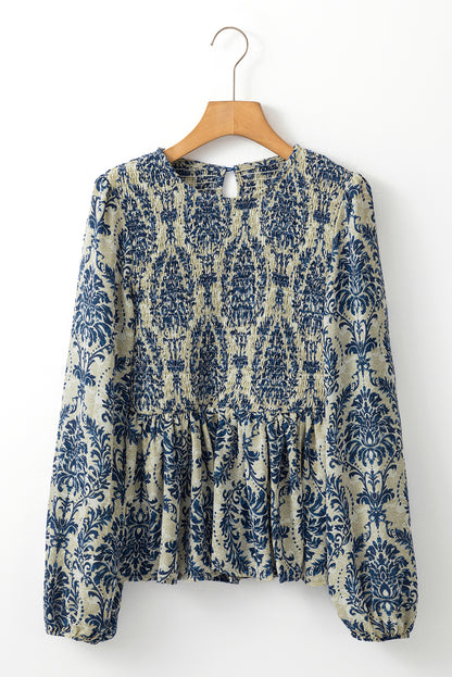 Himmelblaue Boho-Bluse mit Ballonärmeln und gesmoktem Schößchen