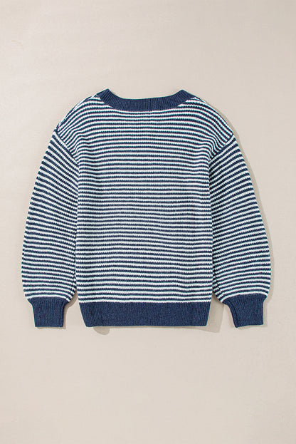 Segelblau gestreifter Pullover mit Laternenärmeln und überschnittener Schulter