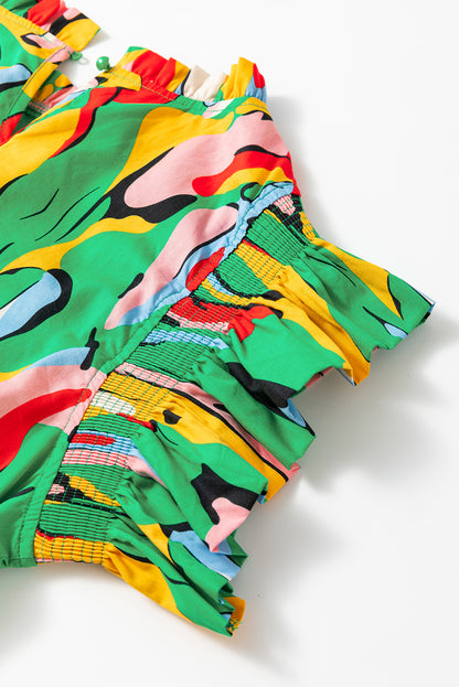 Grünes Minikleid mit abstraktem Print, Rüschenkragen und Rüschenärmeln