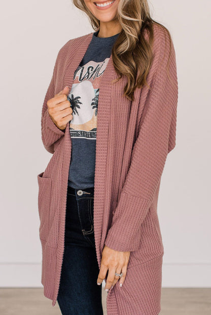 Mineralrote, einfarbige Strickjacke mit Waffelstrick und Tasche