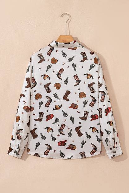 White Western Fashion Print Button Up Casual Shirt