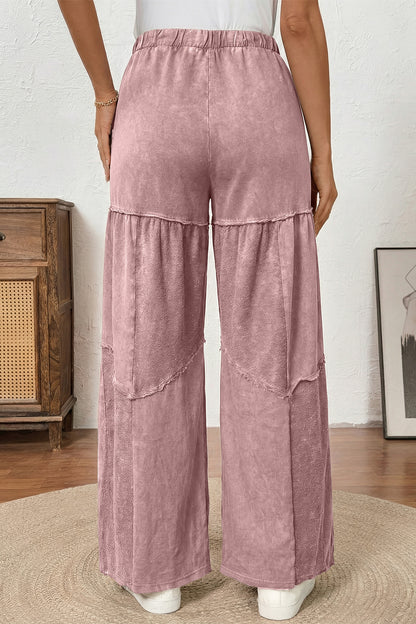 Straw Yellow Mineral Wash Tiered Wide Leg Patchwork Drawstring Pants