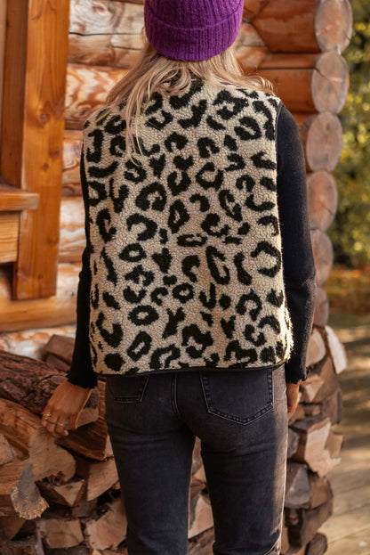 Schwarzer Sherpa-Westenmantel mit Leopardenmuster