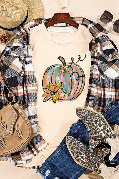 Khakifarbenes T-Shirt mit Kürbis- und Blumengrafik