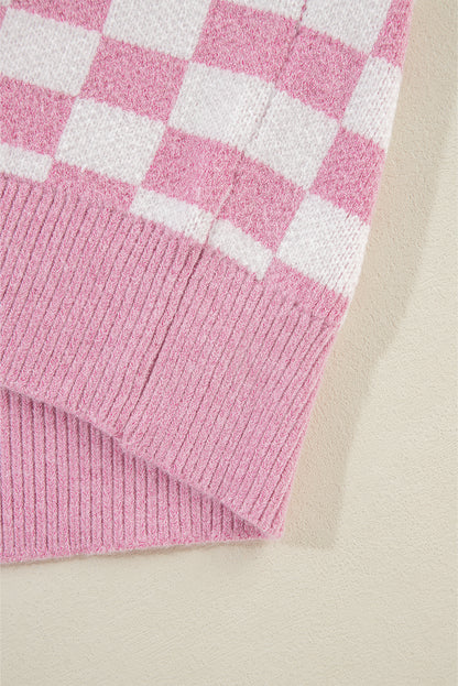 Rosa karierter Pullover mit Knöpfen, Kragen, V-Ausschnitt und überschnittenen Schultern