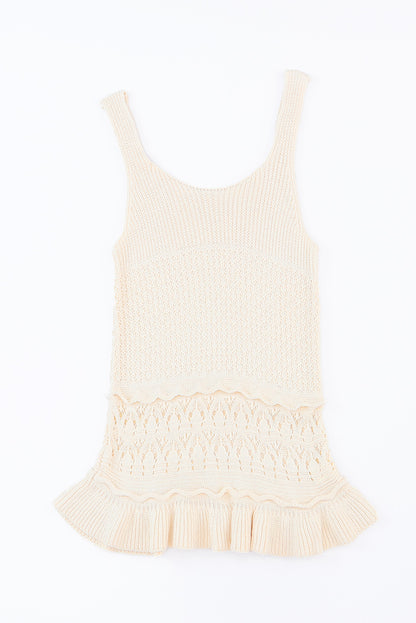 Beige Crochet Ruffled Hem Knitted Vest