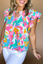Mehrfarbige Bluse mit abstraktem Print, gekerbtem Ausschnitt und flatternden Ärmeln