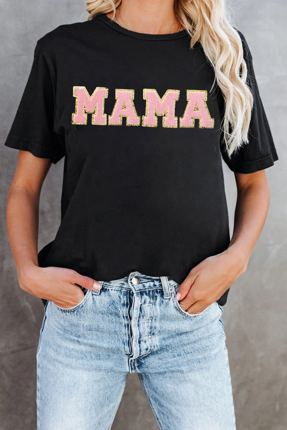 Schwarzes MAMA Chenille-T-Shirt mit Grafik