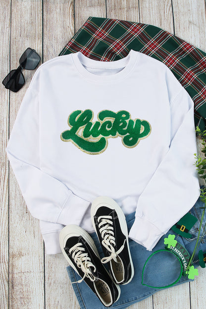 Weißes Chenille-Sweatshirt mit glänzendem Besatz und Glücksmuster