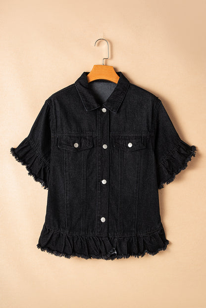 Schwarze, gerüschte, kurzärmlige Jeansjacke mit ungesäumten Kanten