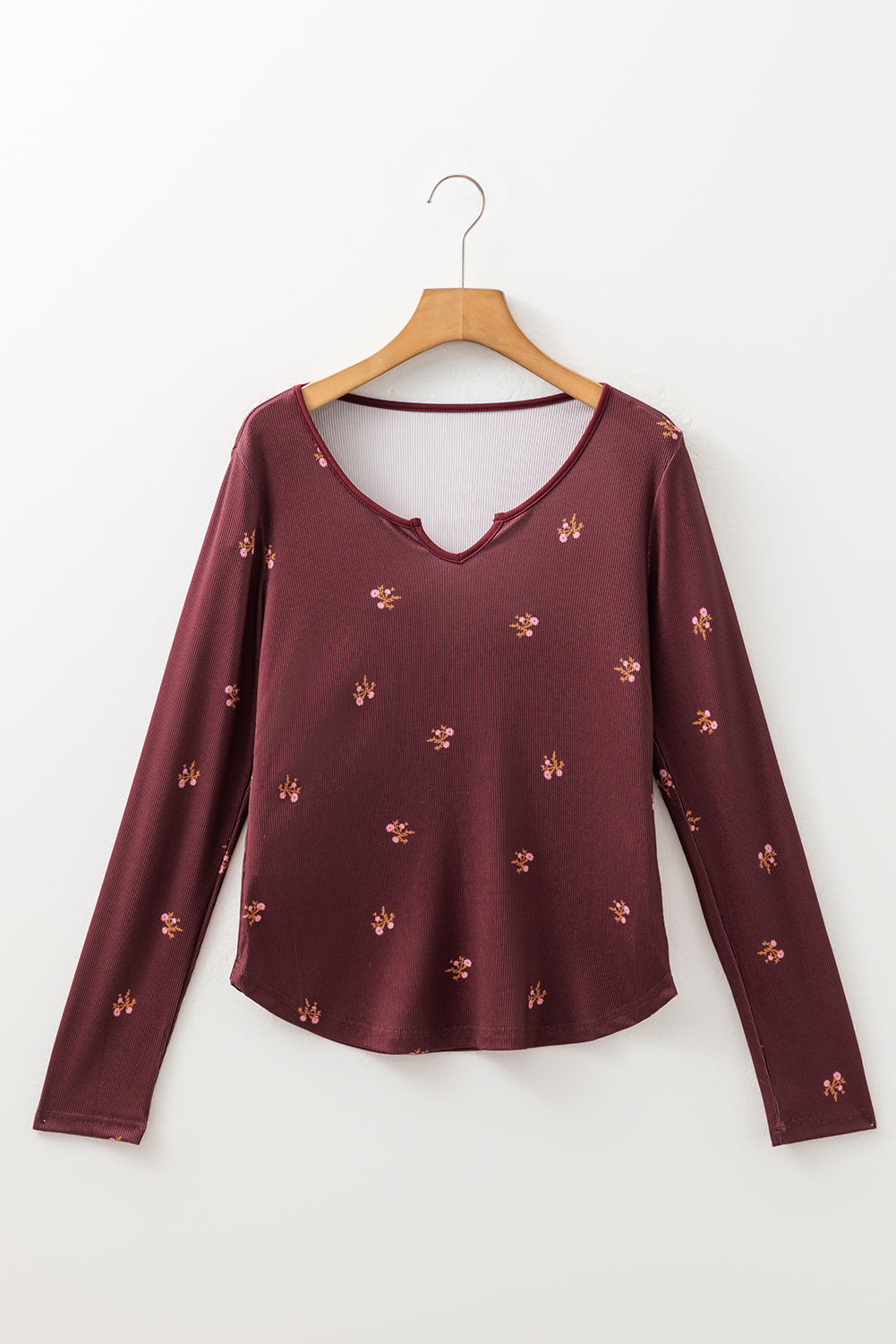 Burgundy Notched Neck Floral Print Ribbed Long Sleeve Top