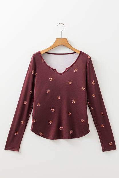 Burgundy Notched Neck Floral Print Ribbed Long Sleeve Top
