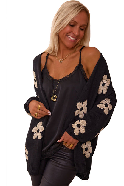 Schwarzer, lockerer Strickcardigan mit Blumenmuster und offener Vorderseite