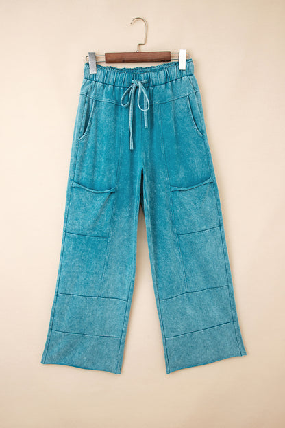 Lapis Mineral Wash Lace-up High Waist Raw Hem Patched Pocket Pants