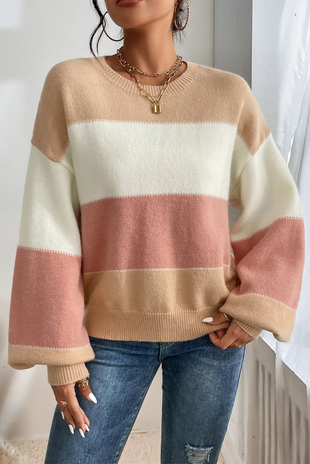 Altrosa Pullover mit Farbblock-Laternenärmeln und überschnittener Schulter