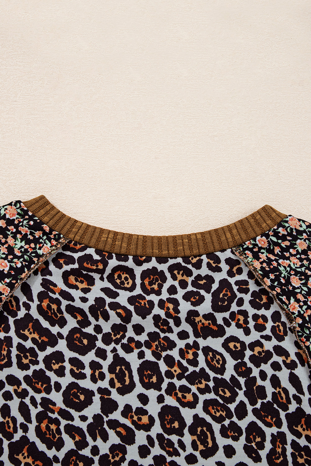 Brown Leopard Floral Print Ribbed Puff Sleeve Patchwork Loose Pullover