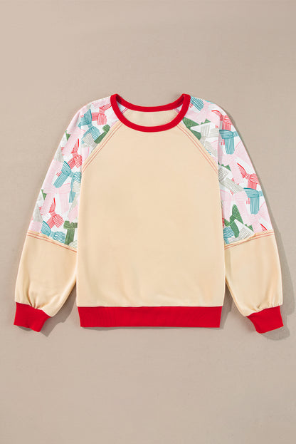 Beiges Patchwork-Oberteil mit Schleifenmuster und Raglanärmeln und Farbblock-Kante