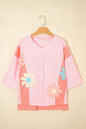 Pink Flower Patched Exposed Seam Bracelet Sleeve Oversized T Shirt