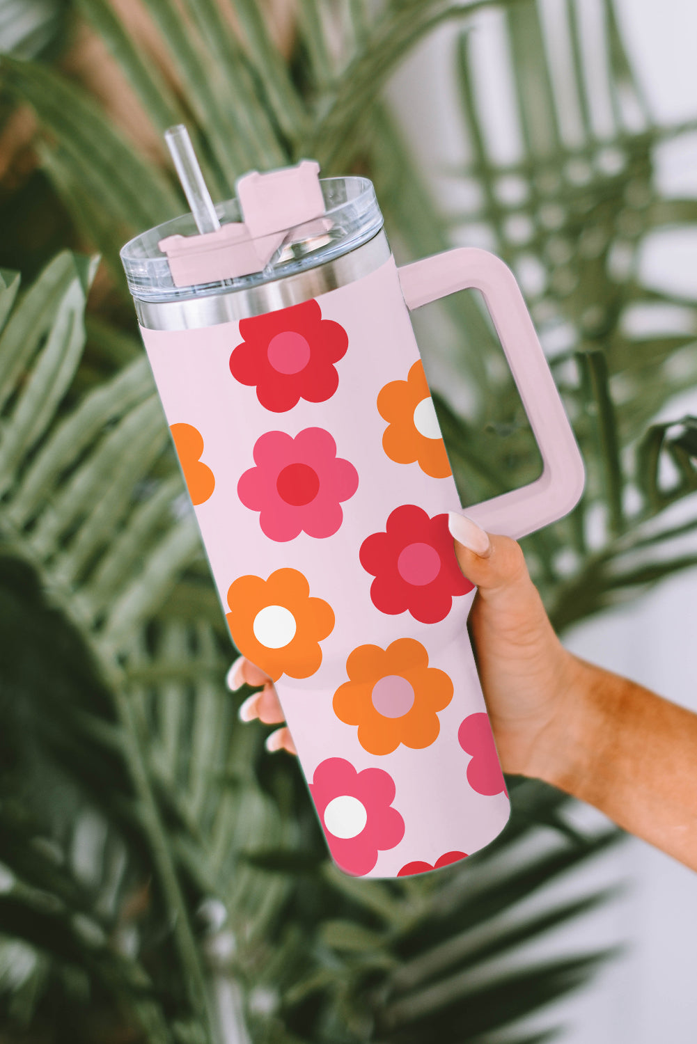 Vakuumbecher aus Edelstahl mit mehrfarbigem Blumendruck und Griff, 40 oz