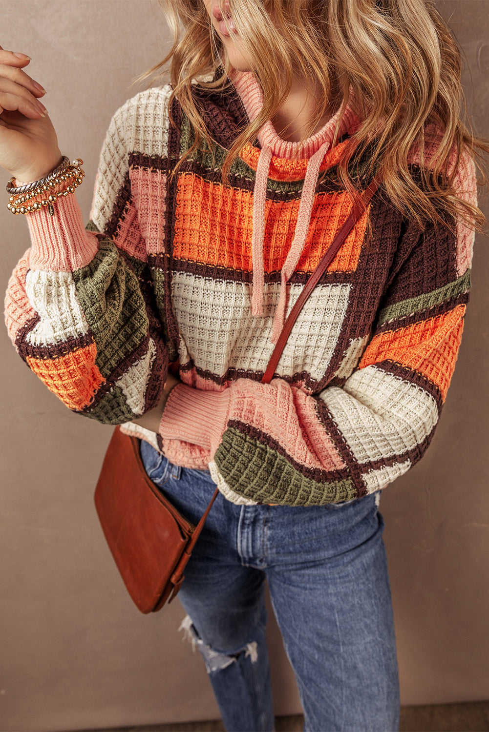 Oranger Rollkragenpullover mit Waffelstrick und Kordelzug in Farbblock-Optik