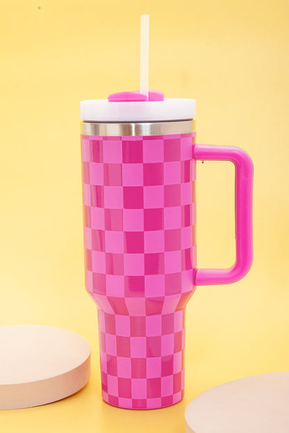 Edelstahlbecher mit Griff und Karomuster in leuchtendem Pink, 1,2 l