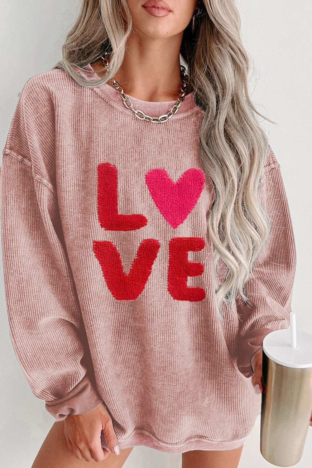 Rosa Sweatshirt mit Chenille-Stickerei und Kordel „Valentine LOVE“