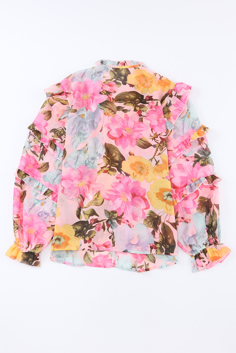 Rosa Bluse mit Blumenmuster und Rüschen