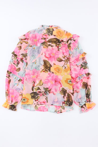 Rosa Bluse mit Blumenmuster und Rüschen