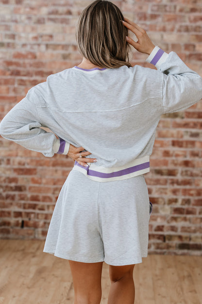 Light Grey Contrast Striped Bands Cropped Pullover and Athletic Short Set