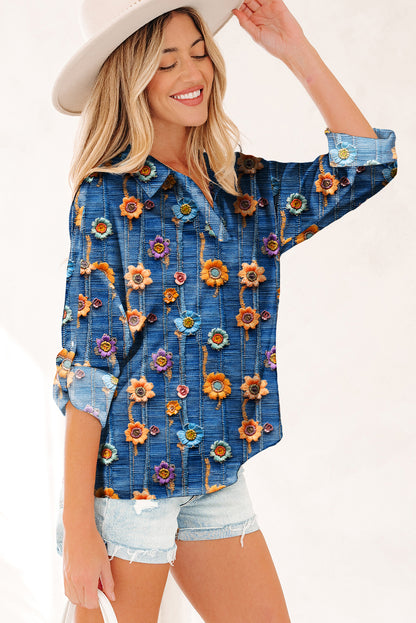 Blue Floral Collared V Neck Roll up Sleeve Shift Blouse