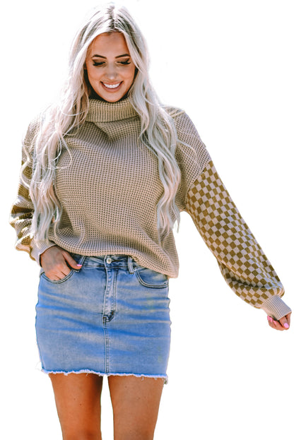Rauchgrau gestreifter karierter Patchwork-Rollkragenpullover mit Waffelstrick
