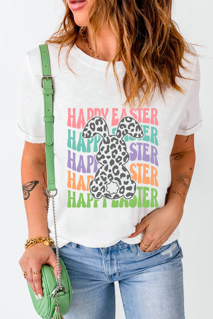 Weißes T-Shirt mit Rundhalsausschnitt und „Happy Easter“-Kaninchen-Print
