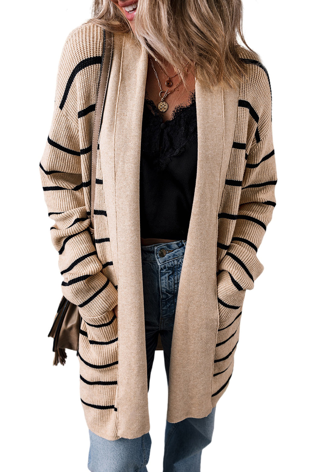 Schwarz gestreifter offener Cardigan mit Schalkragen und Taschen
