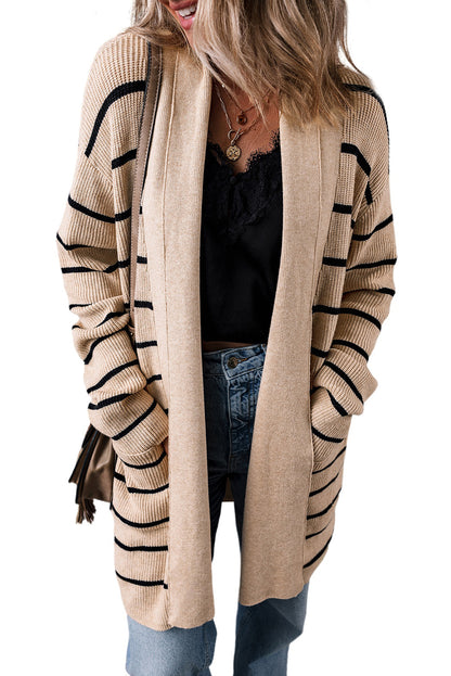 Schwarz gestreifter offener Cardigan mit Schalkragen und Taschen