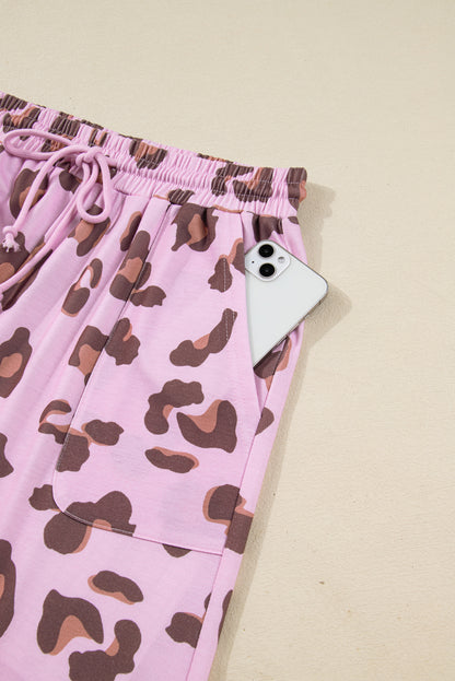Pink Drawstring Leopard Print Patch Pocket Loose Pants