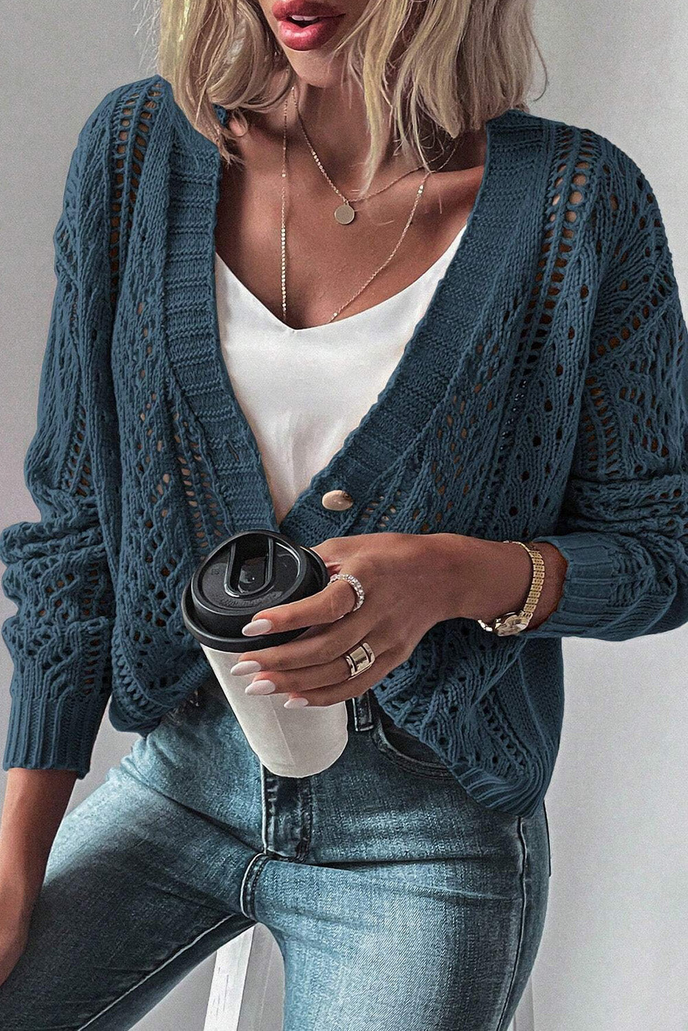 Real Teal Offener Strickpullover mit überschnittenen Schultern