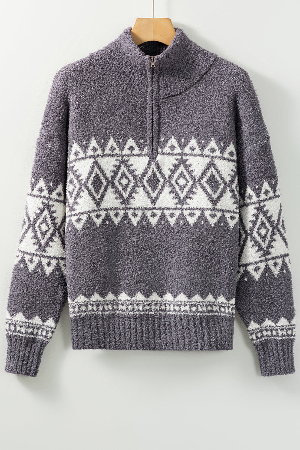 Grauer Pullover mit Viertelreißverschluss und geometrischem Western-Print